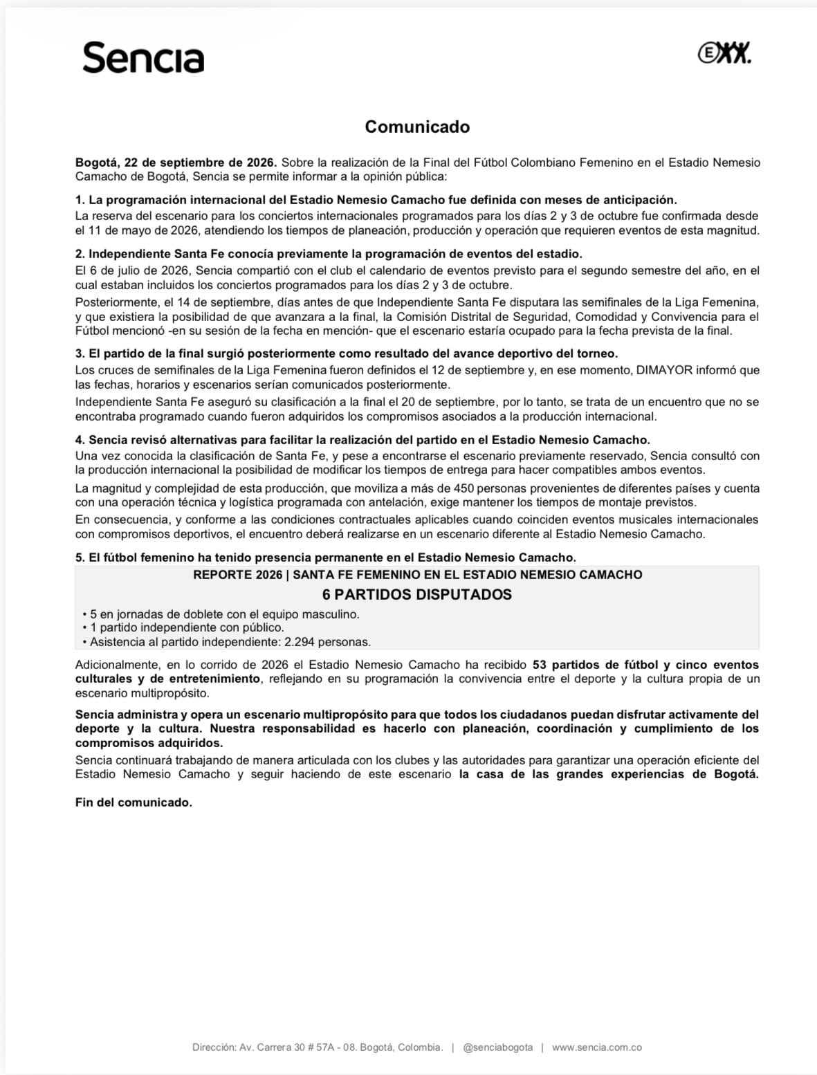 Comunicado de Sencia