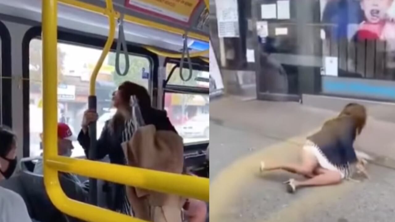 Hombre saca a empujones de un bus a mujer que lo escupió