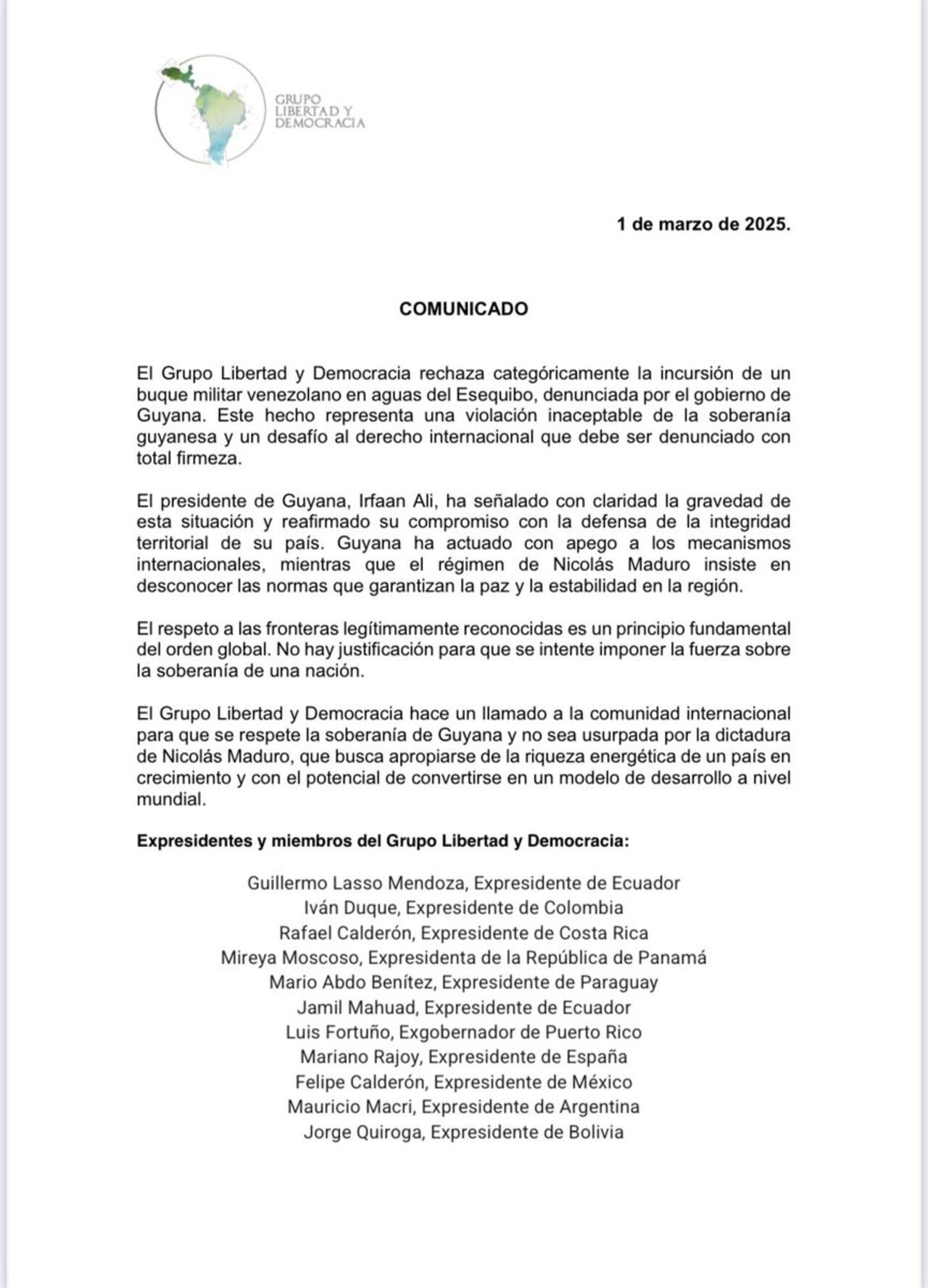 Comunicado Grupo Libertad y Democracia.