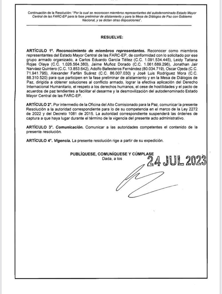 Resolución Gobierno disidencias de las Farc