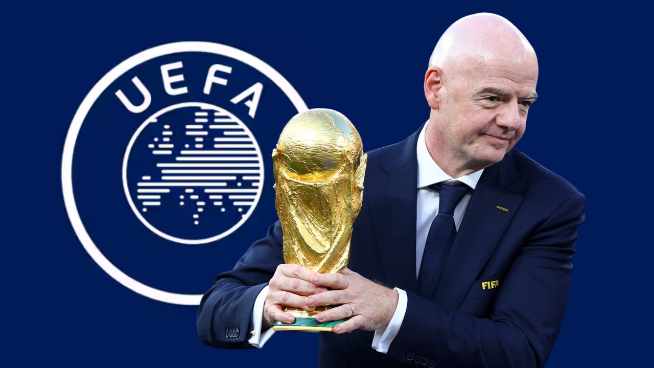 Logo de UEFA y Gianni Infantino, presidente de FIFA