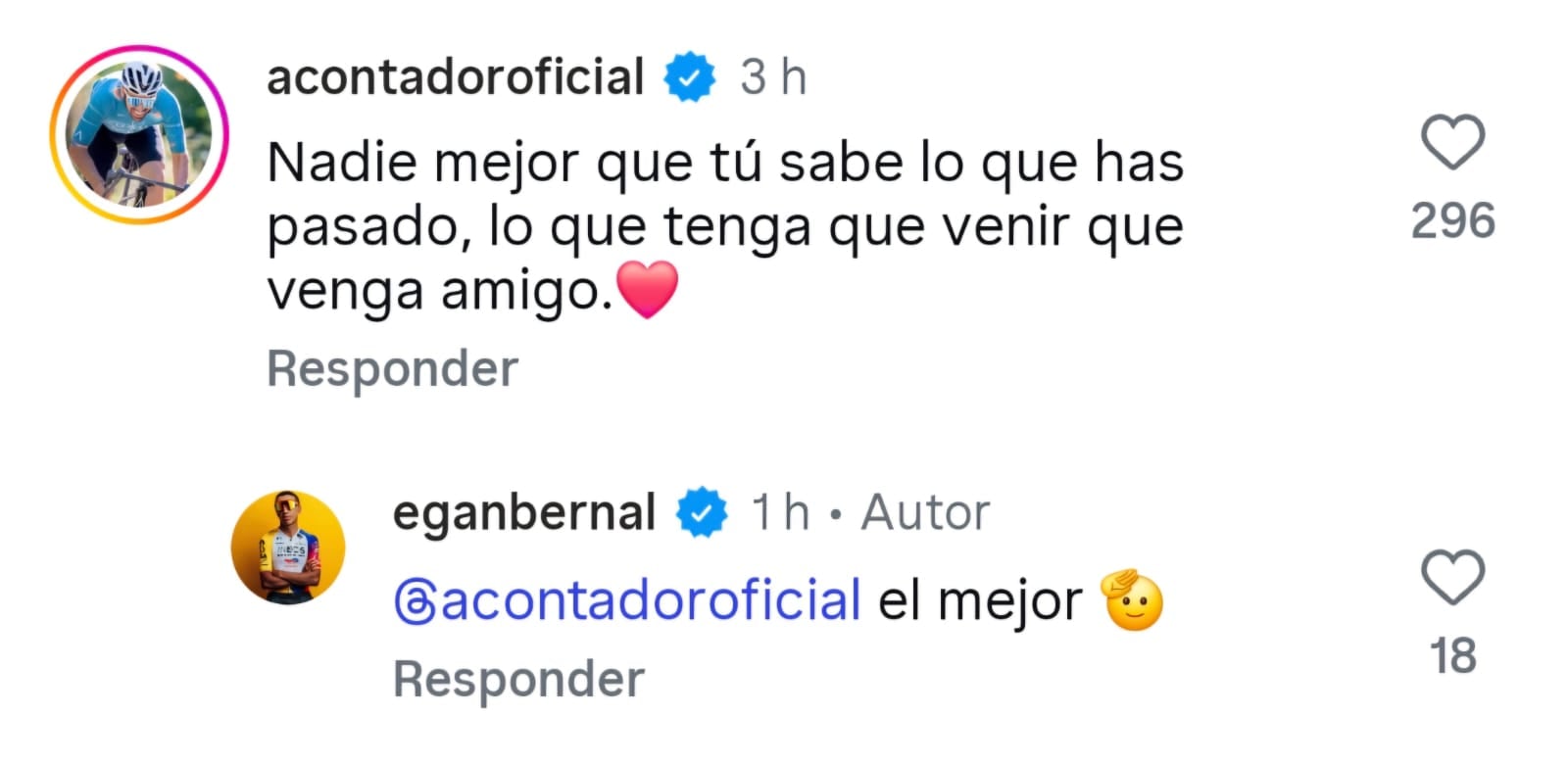 Egan Bernal recibió un consejo en Instagram por parte del español Alberto Contador