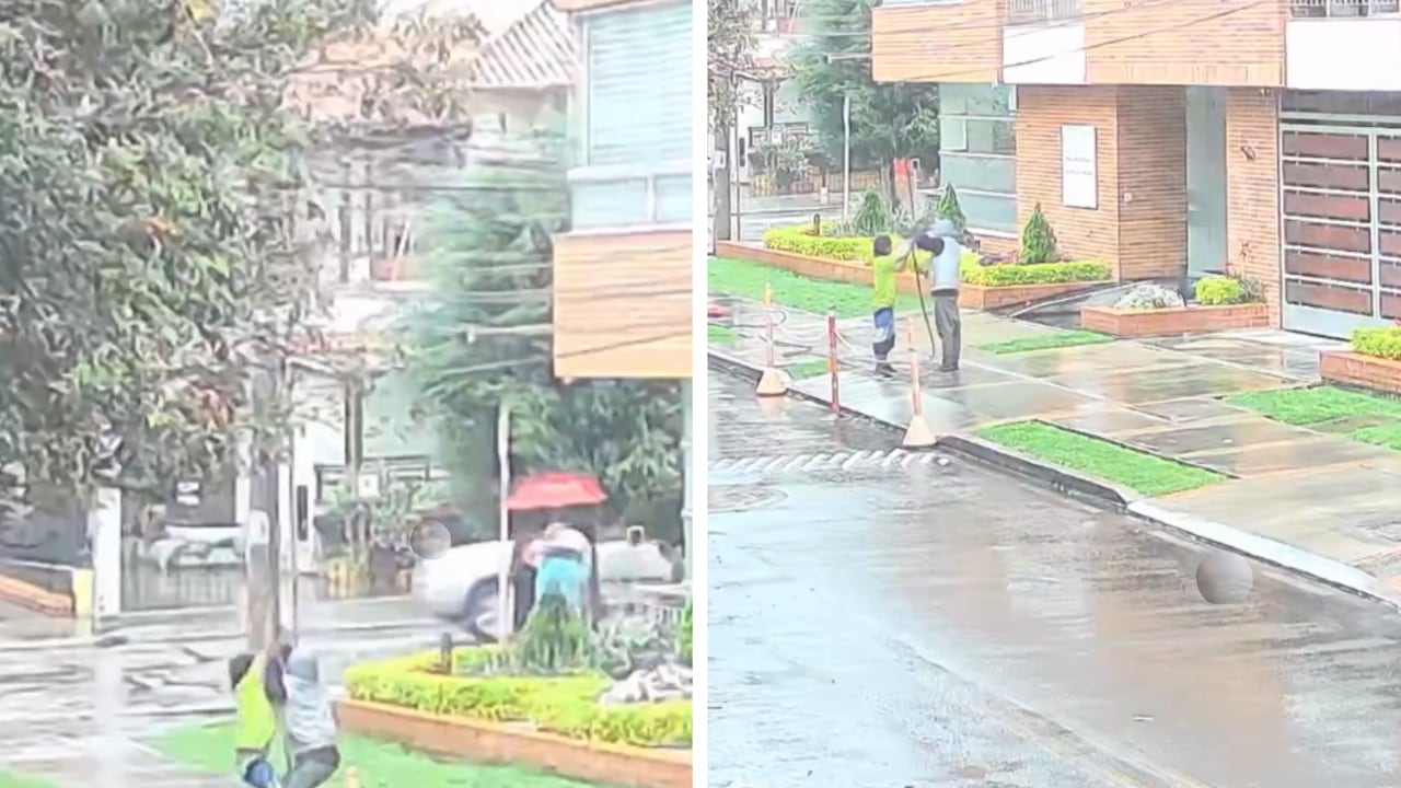 Hombres captados en cámaras de seguridad forzando y cortando cables en el barrio Chicó Navarra, Usaquén, en Bogotá, el 12 de octubre de 2026.