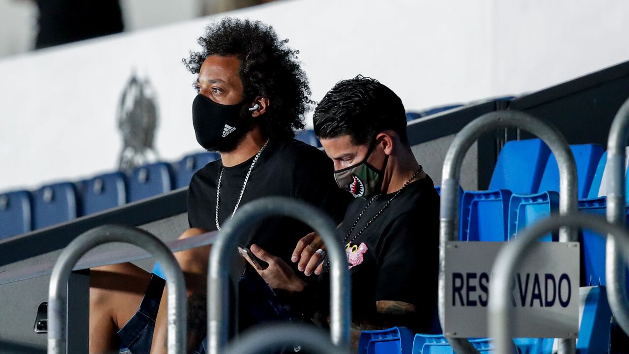 VALDEBEBAS, SPAIN - JULY 10: (L-R) Marcelo of Real Madrid, James Rodriguez of Real Madrid during the La Liga Santander match between Real Madrid v Deportivo Alaves at the Stadium Ciudad Deportiva Real Madrid on July 10, 2020 in Valdebebas Spain (Photo by David S. Bustamante/Soccrates/Getty Images)