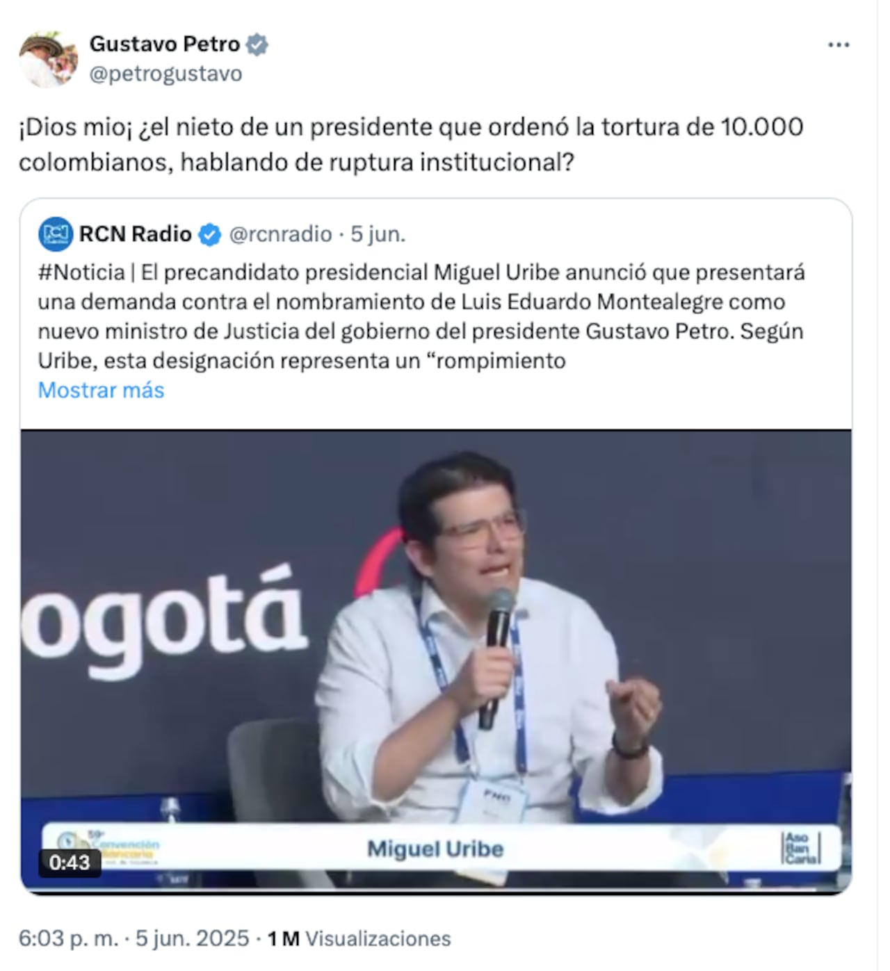 Mensaje de Gustavo Petro a Miguel Uribe.