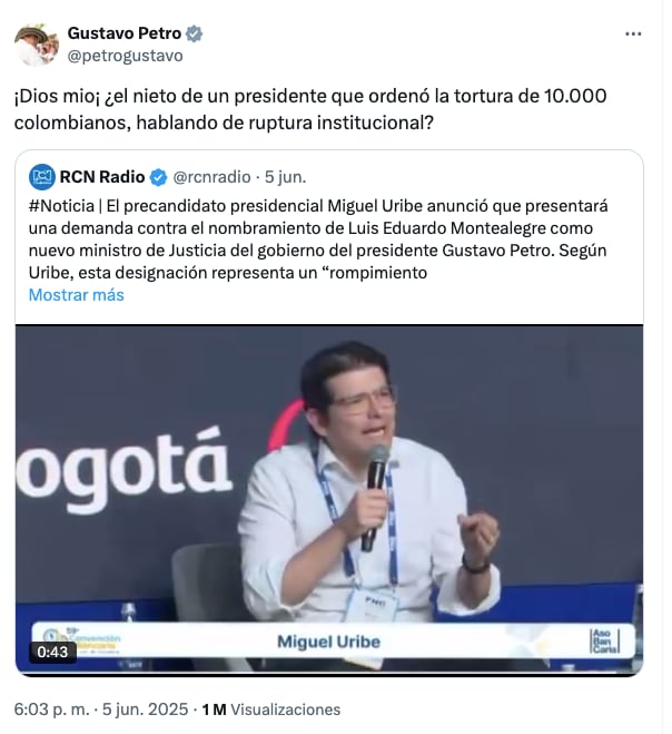 Mensaje de Gustavo Petro a Miguel Uribe.
