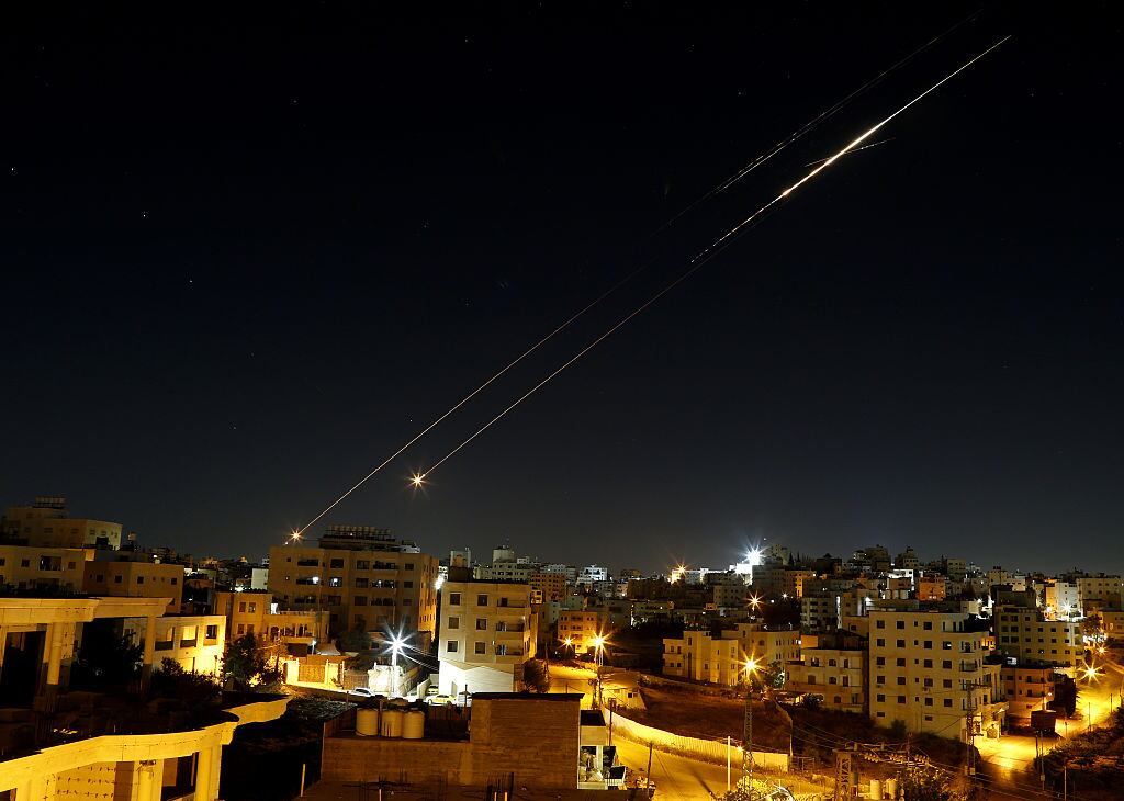 HEBRON, WEST BANK - JUNE 21: Missiles fired from Iran in retaliation for Israeli attacks are seen in the sky over the Hebron, West Bank on June 21, 2025. (Photo by Wisam Hashlamoun/Anadolu via Getty Images)
