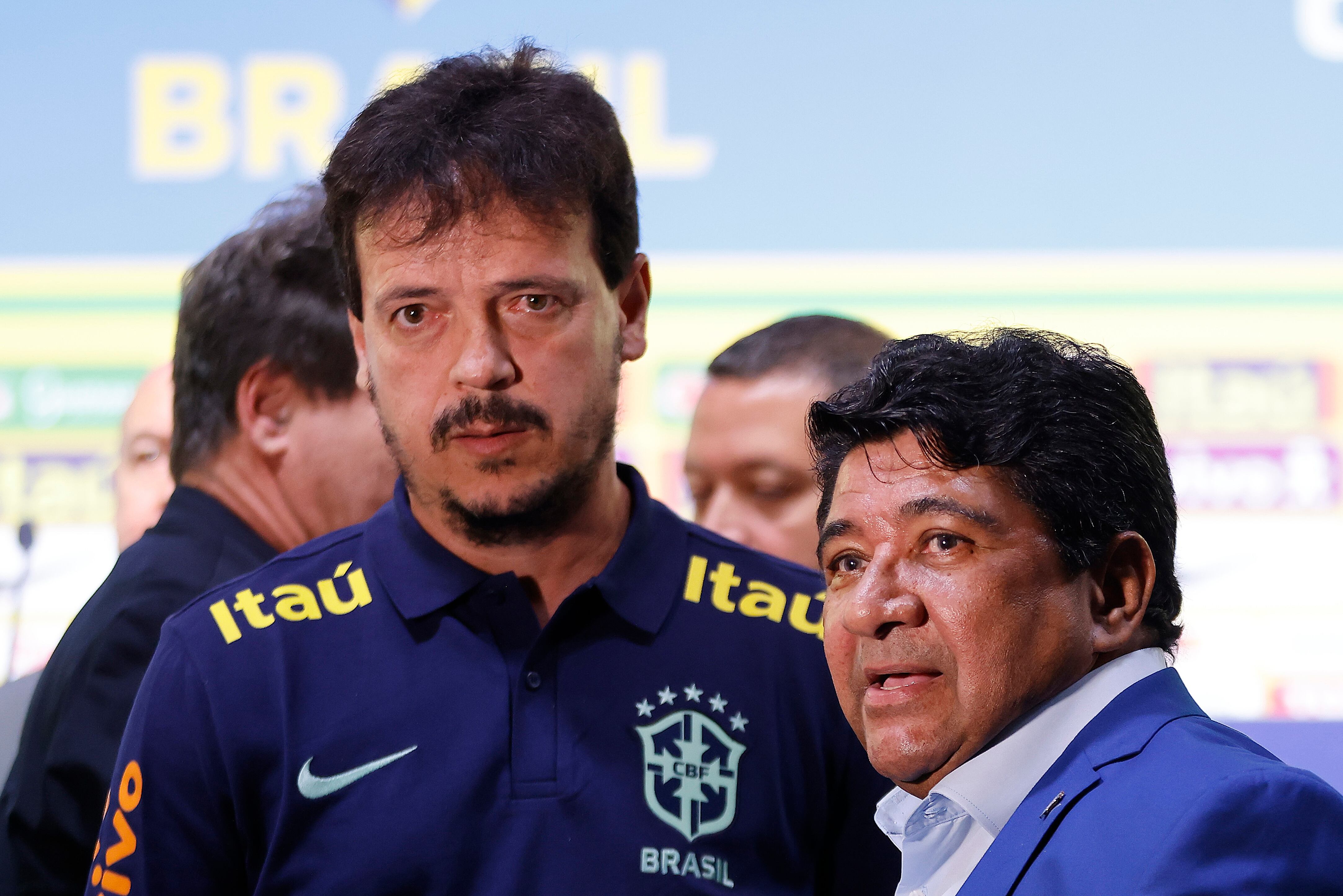 RIO DE JANEIRO, BRAZIL - AUGUST 18: Coach of Brazil Fernando Diniz and Ednaldo Rodrigues President of CBF attend a press conference to announce the squad for the first two rounds of the FIFA World Cup 2026 qualifiers on August 18, 2023 in Rio de Janeiro, Brazil. (Photo by Wagner Meier/Getty Images)