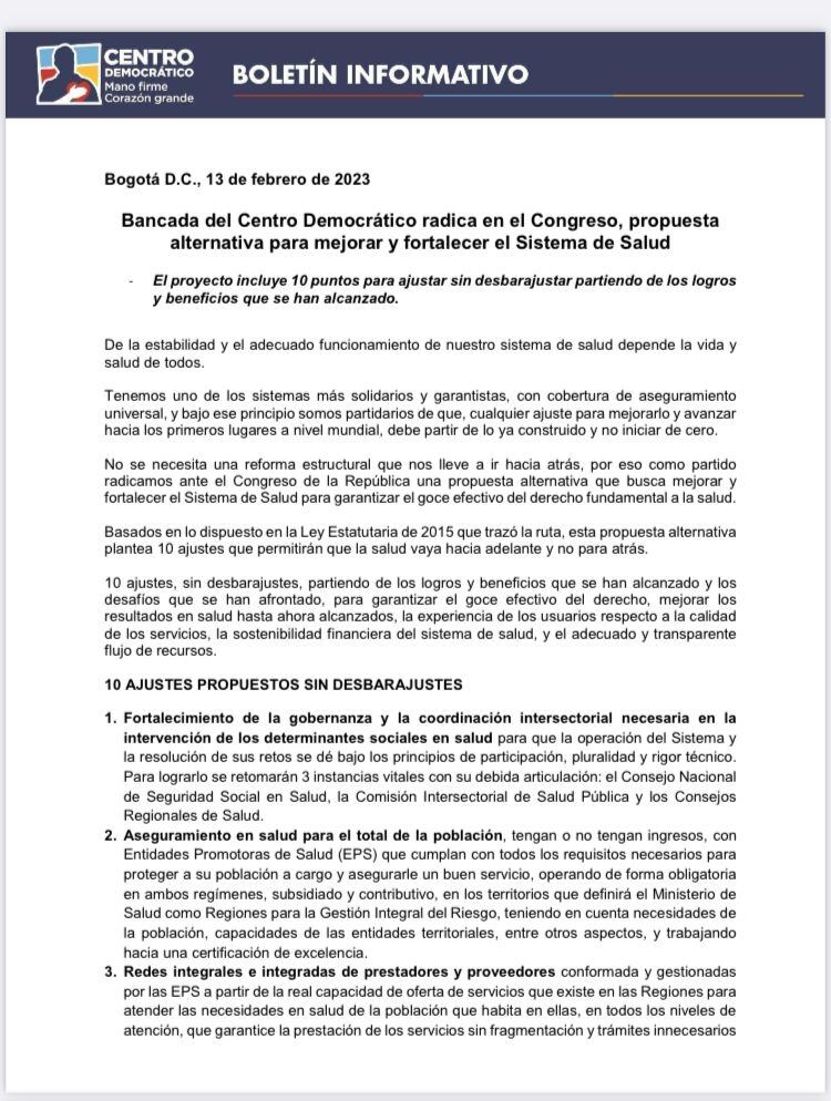 Propuesta alternativa para mejorar y fortalecer el sistema de salud del Centro Democrático.