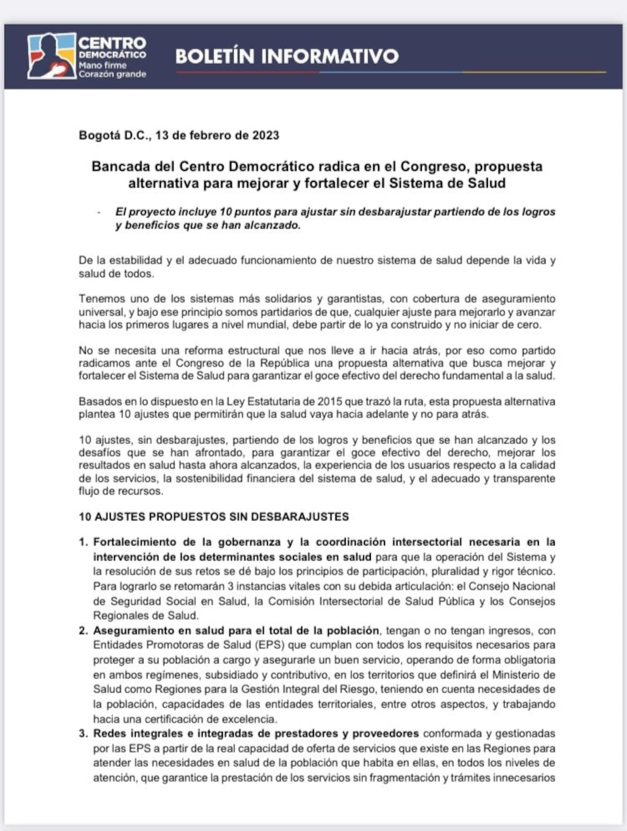Propuesta alternativa para mejorar y fortalecer el sistema de salud del Centro Democrático.
