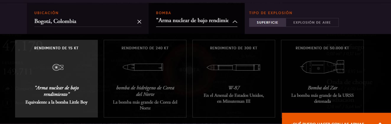 La herramienta muestra cómo varían los efectos según se trate de una bomba de bajo o alto rendimiento.