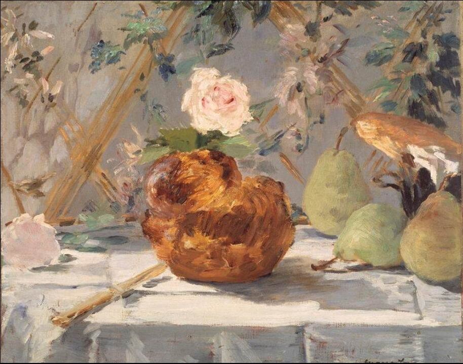 Una naturaleza muerta con brioche, flores y peras, de Édouard Manet. Dallas Museum of Art