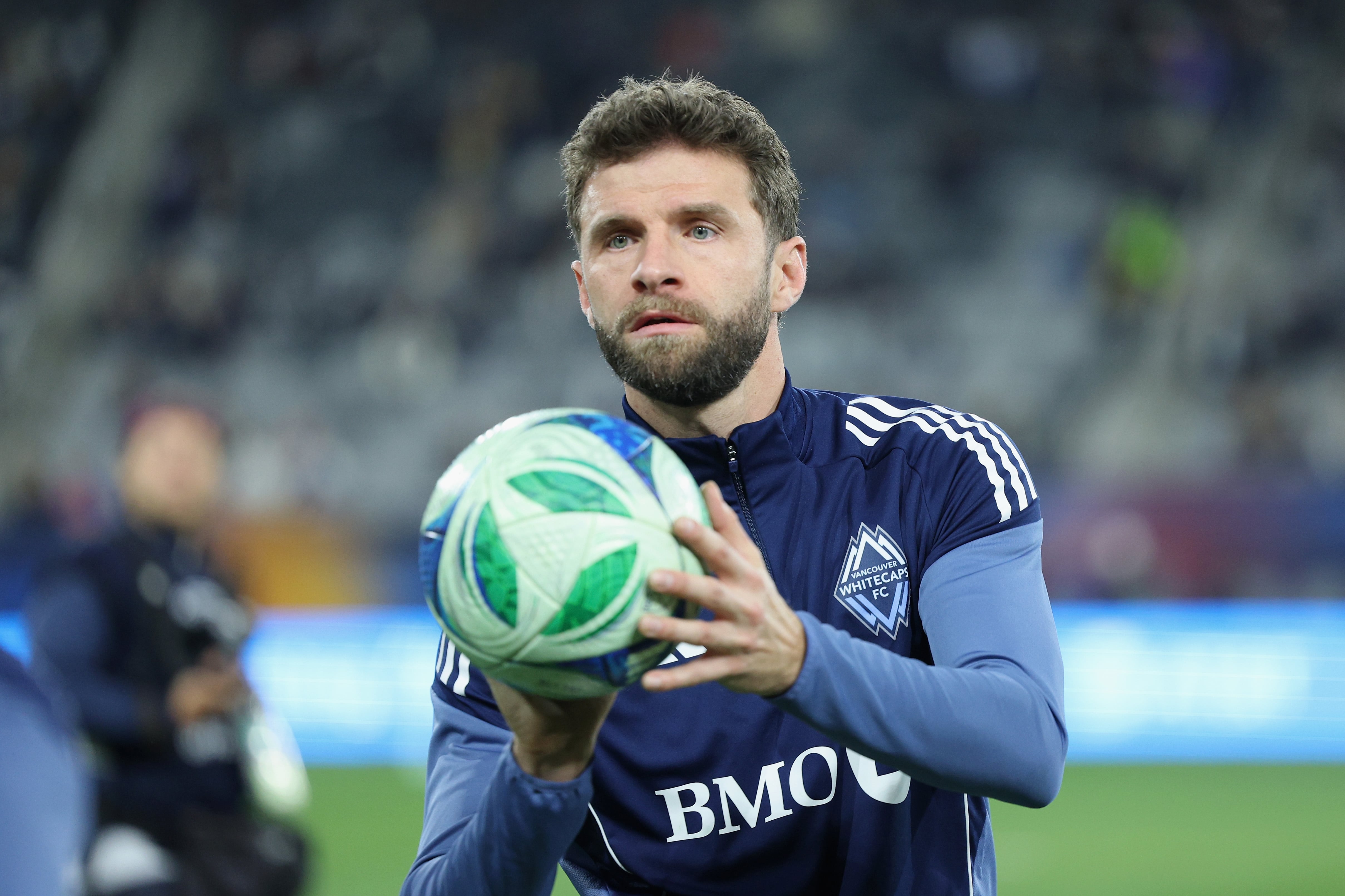 SAN DIEGO, CALIFORNIA - NOVEMBER 29: Thomas Müller #13 of the Vancouver Whitecaps FC warms up prior to the Audi 2025 MLS Cup western conference final match between San Diego FC and Vancouver Whitecaps FC at Snapdragon Stadium on November 29, 2025 in San Diego, California.  (Photo by Kevork Djansezian/Getty Images)