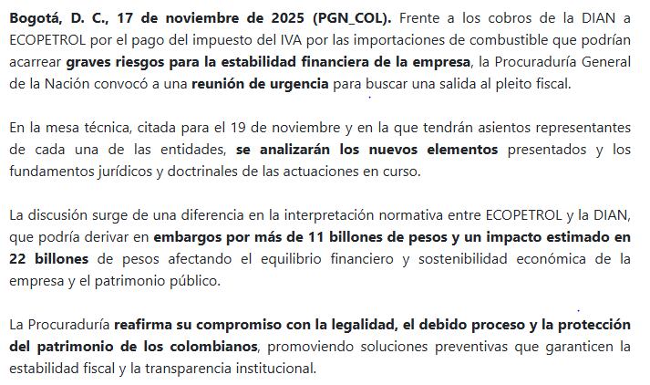 Pronunciamiento Procuraduría caso Ecopetrol- Dian.