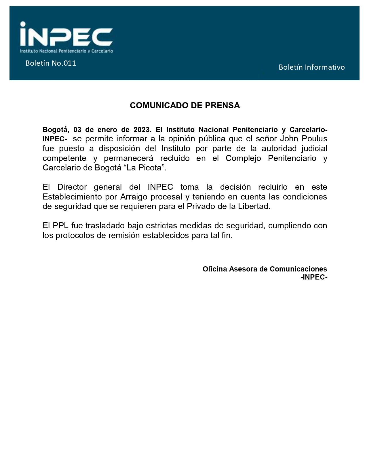 Orden del Inpec sobre John Poulos.