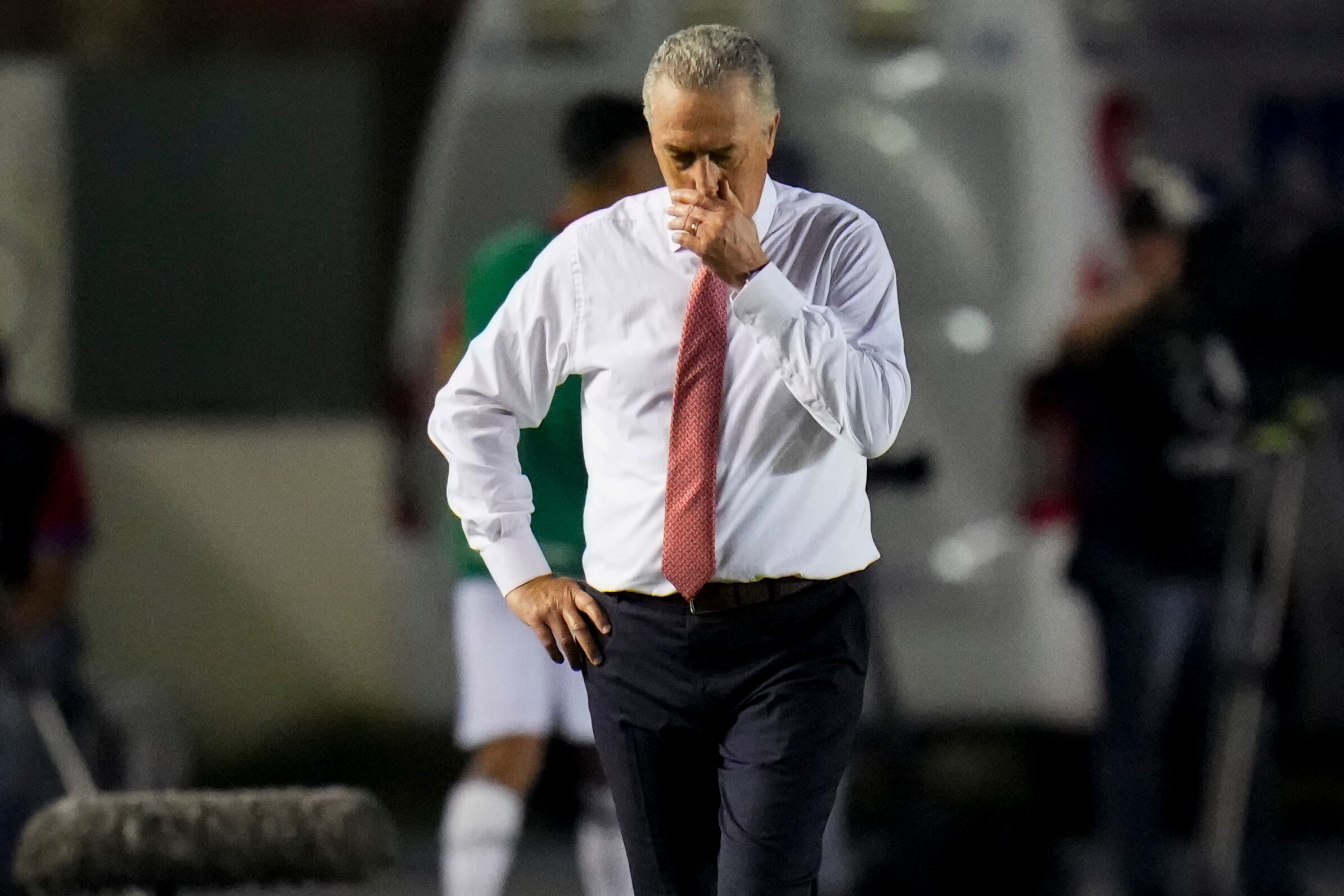 Costa Rica's coach Gustavo Alfaro walks on the sideline during a Concacaf Nation League quarterfinal second leg soccer match against Panama at Rommel Fernandez stadium in Panama City, Monday, Nov. 20, 2023. (AP Photo/Arnulfo Franco)