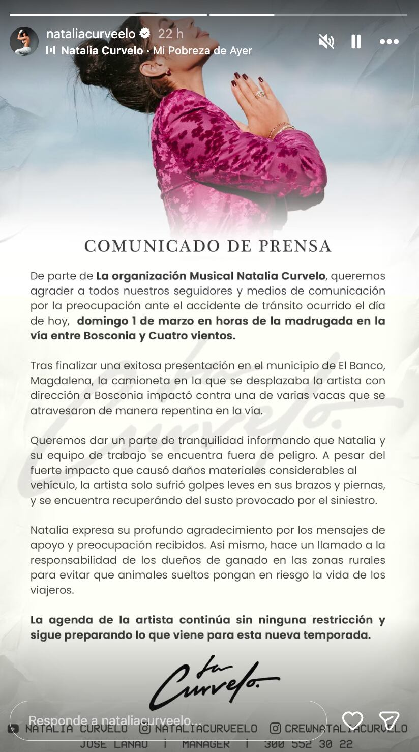 Equipo de Natalia Curvelo se pronuncia, luego de vivir accidente en carretera.