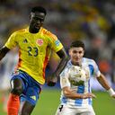 Colombia's defender #23 Davinson Sanchez fights for the ball with Argentina's forward #09 Julian Alvarez during the Conmebol 2024 Copa America tournament final football match between Argentina and Colombia at the Hard Rock Stadium, in Miami, Florida on July 14, 2024. (Photo by Chandan Khanna / AFP)