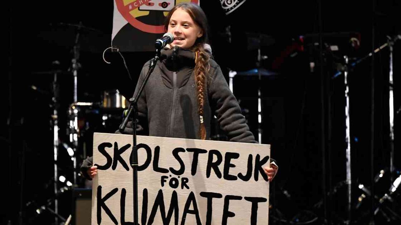 Greta Thunberg se dirigió a los asistentes de la marcha realizada en Madrid, España. Foto: AFP