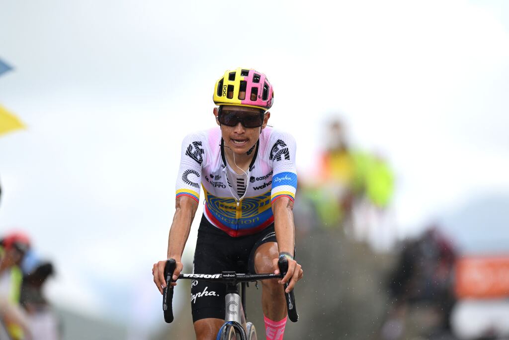 COL DE LA CROIX DE FER, FRANCE - JUNE 10: Esteban Chaves of Colombia and Team EF Education-EasyPost crosses the finish line during the 75th Criterium du Dauphine 2023, Stage 7 a 147.9km stage from Porte-de-Savoie to Col de la Croix de Fer 2067m / #UCIWT / on June 10, 2023 in Col de la Croix de Fer, France. (Photo by Dario Belingheri/Getty Images)