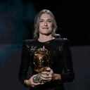 Barcelona player Alexia Putellas holds the the Women's Ballon d'Or trophy during the 65th Ballon d'Or ceremony at Theatre du Chatelet, in Paris, Monday, Nov. 29, 2021. (AP Photo/Christophe Ena)