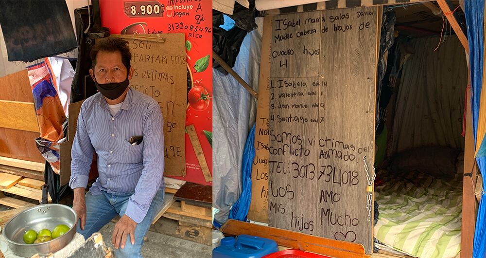 Eduardo Gómez, desplazado por la violencia de Yacopí, Cundinamarca, usó sus conocimientos como maestro de obra para ayudar a construir las 18 improvisadas viviendas de lámina y tabla donde duerme este grupo cada noche.