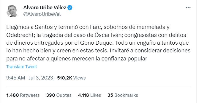 Álvaro Uribe calificó el escándalo como una tragedia.