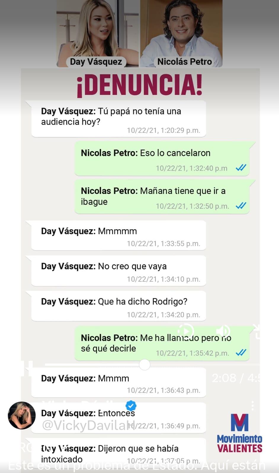 Este sería el primero de los seis chats en los que suúestamente muestran como el entonces candidato y hoy presidente de Colombia, Gustavo Petro, vivía en medio de "fiestas problemáticas", según Dávila. Foto: Tomada de redes / El País.