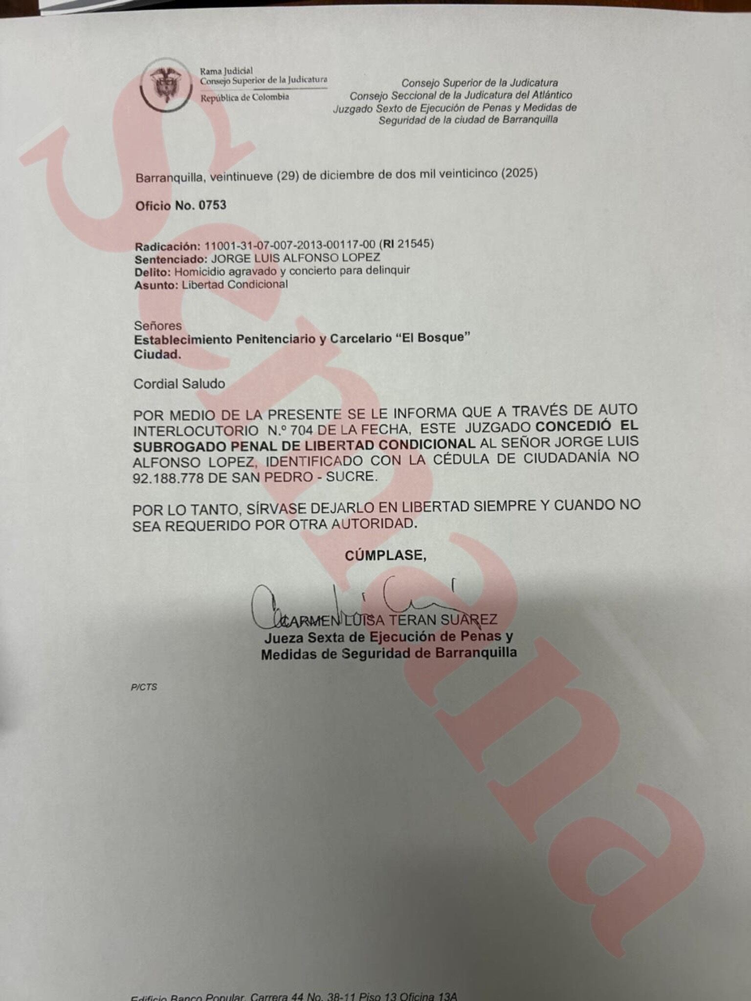 SEMANA conoció el oficio que la juez envió al Inpec.