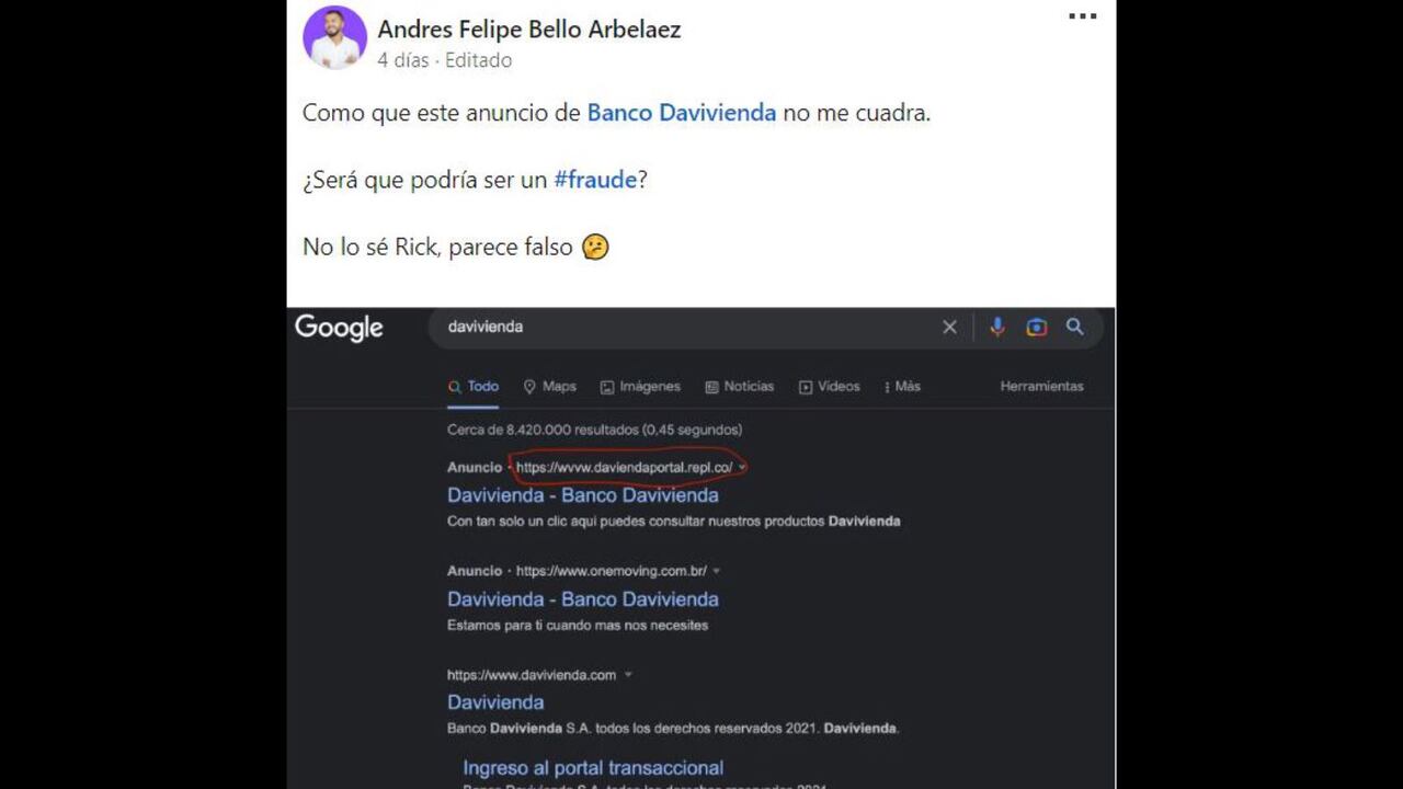 Publicación de Andrés Felipe Bello en LinkedIn.