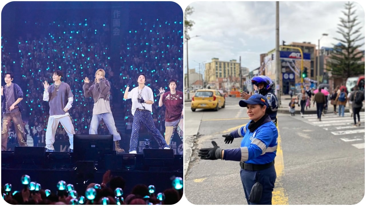 Foto 1: Banda BTS en concierto | Foto 2: agentes de tránsito controlando la movilidad en Bogotá.