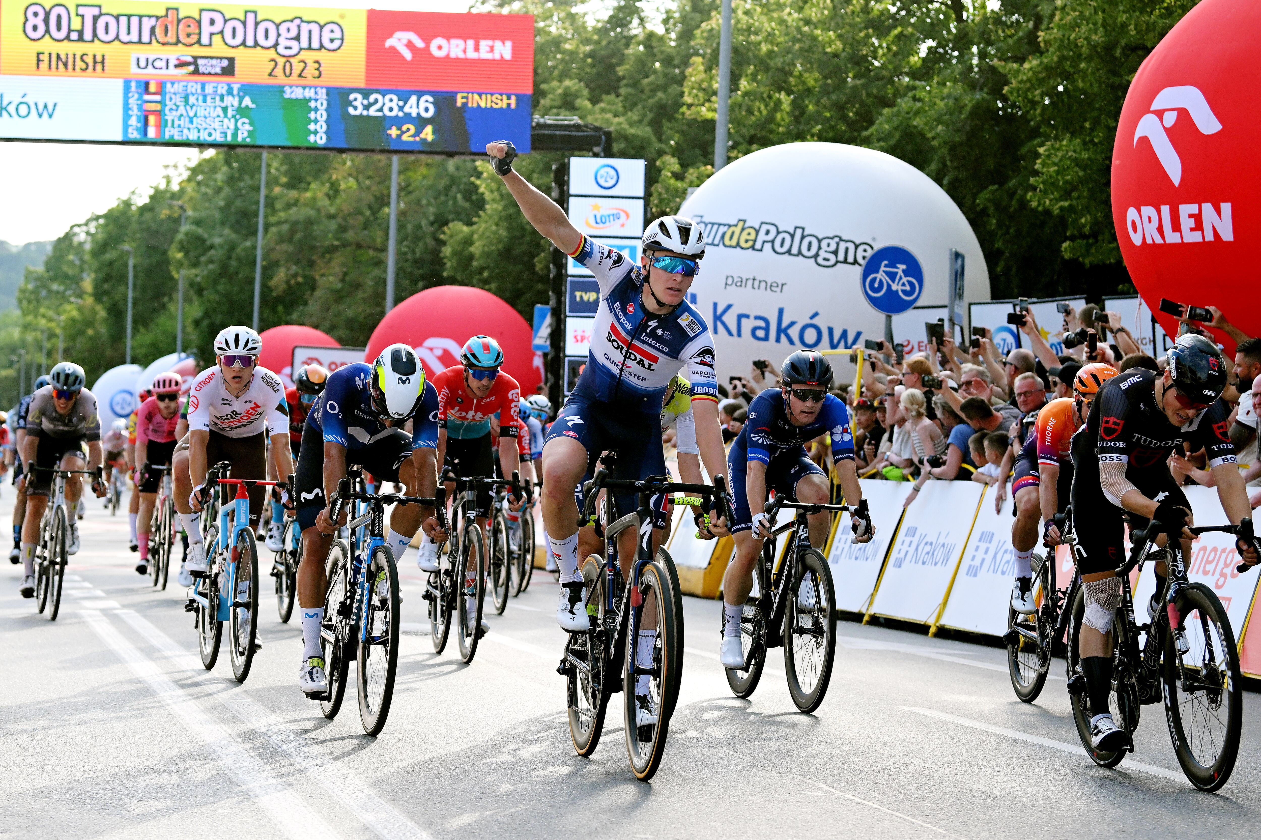 KRAKOW, POLAND - AUGUST 04: Tim Merlier of Belgium and Team Soudal - Quick Step celebrates at finish line as stage winner during the 80th Tour de Pologne 2023, Stage 7 a 166.6km stage from Zabrze to Kraków / #UCIWT / on August 04, 2023 in Kraków, Poland. (Photo by Dario Belingheri/Getty Images)