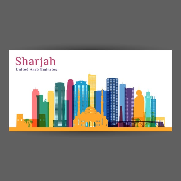 Sharjah city architecture silhouette. Colorful skyline. City flat design. Vector business card.