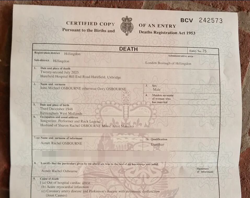 Certificado de muerte de Ozzy Osbourne