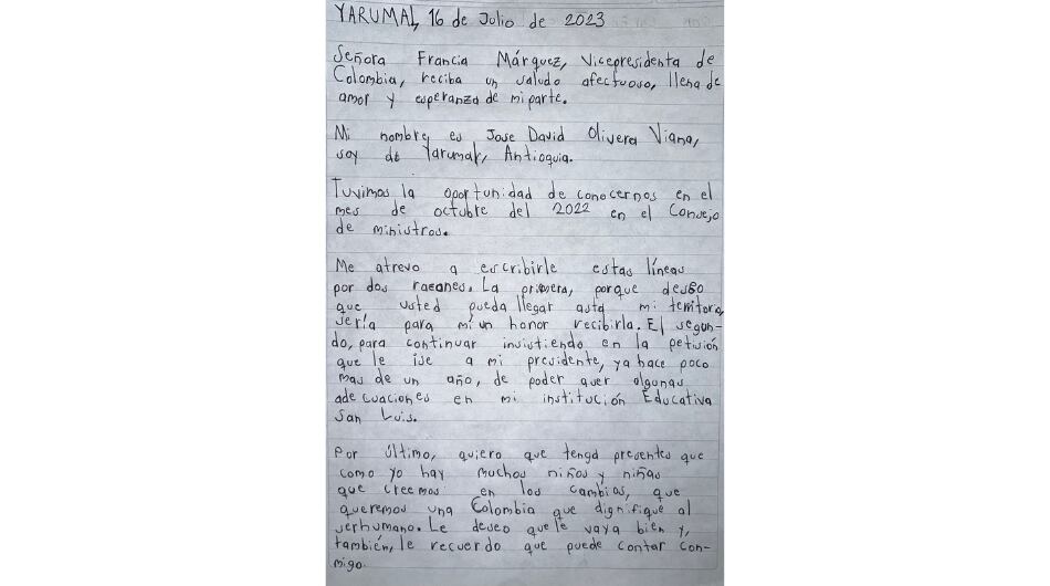 Carta escrita por un niño dirigida a la vicepresidenta Francia Márquez desde Antioquia.