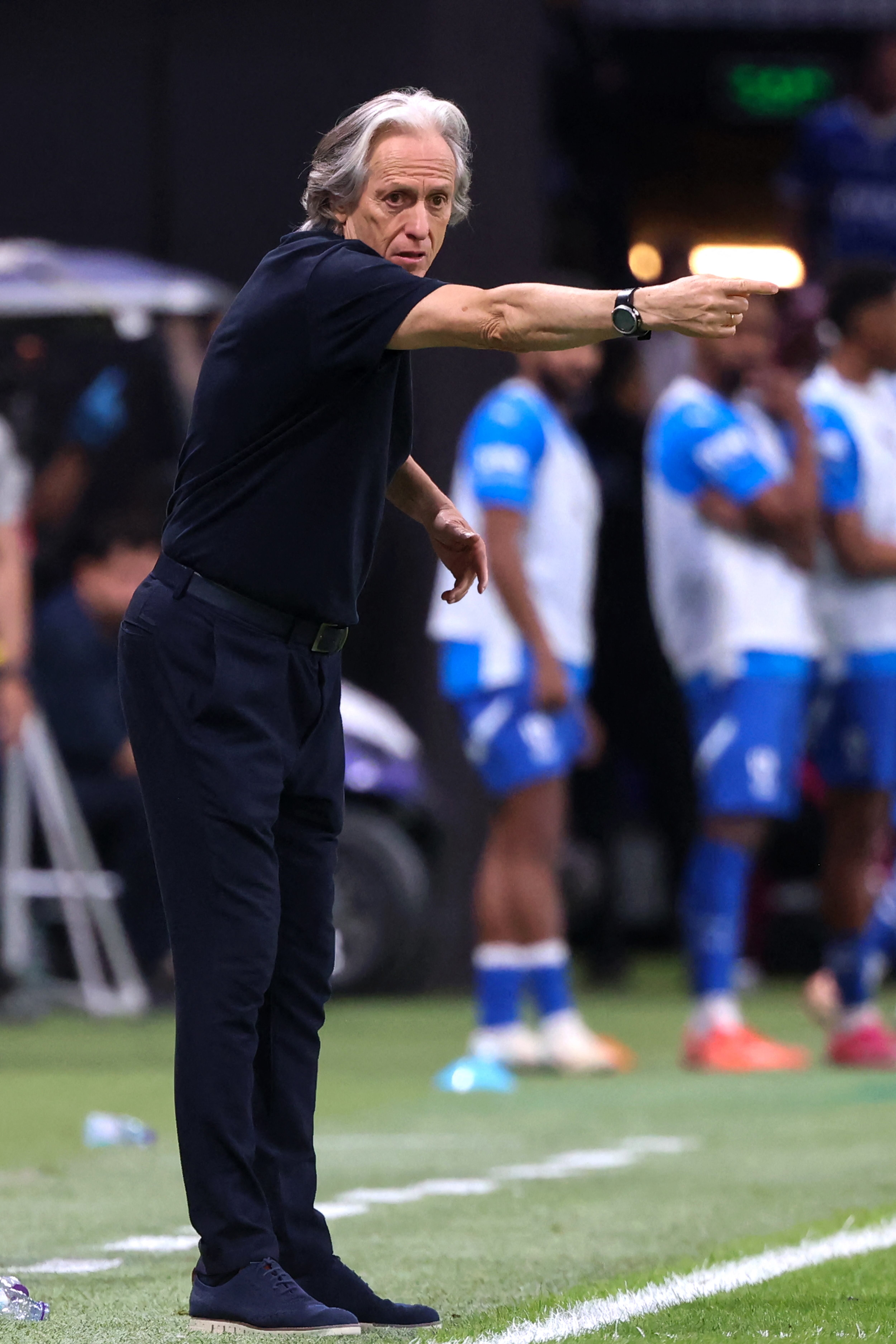 Hilal's Portuguese coach Jorge Jesus instructs his players during the Saudi Pro League football match between Al-Hilal and Al-Nassr at the Kingdom Arena stadium in Riyadh on April 4, 2025. (Photo by Fayez NURELDINE / AFP)