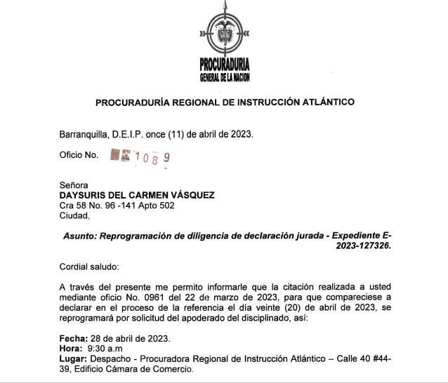 Citación a Day Vásquez para declarar ante la Procuraduría.