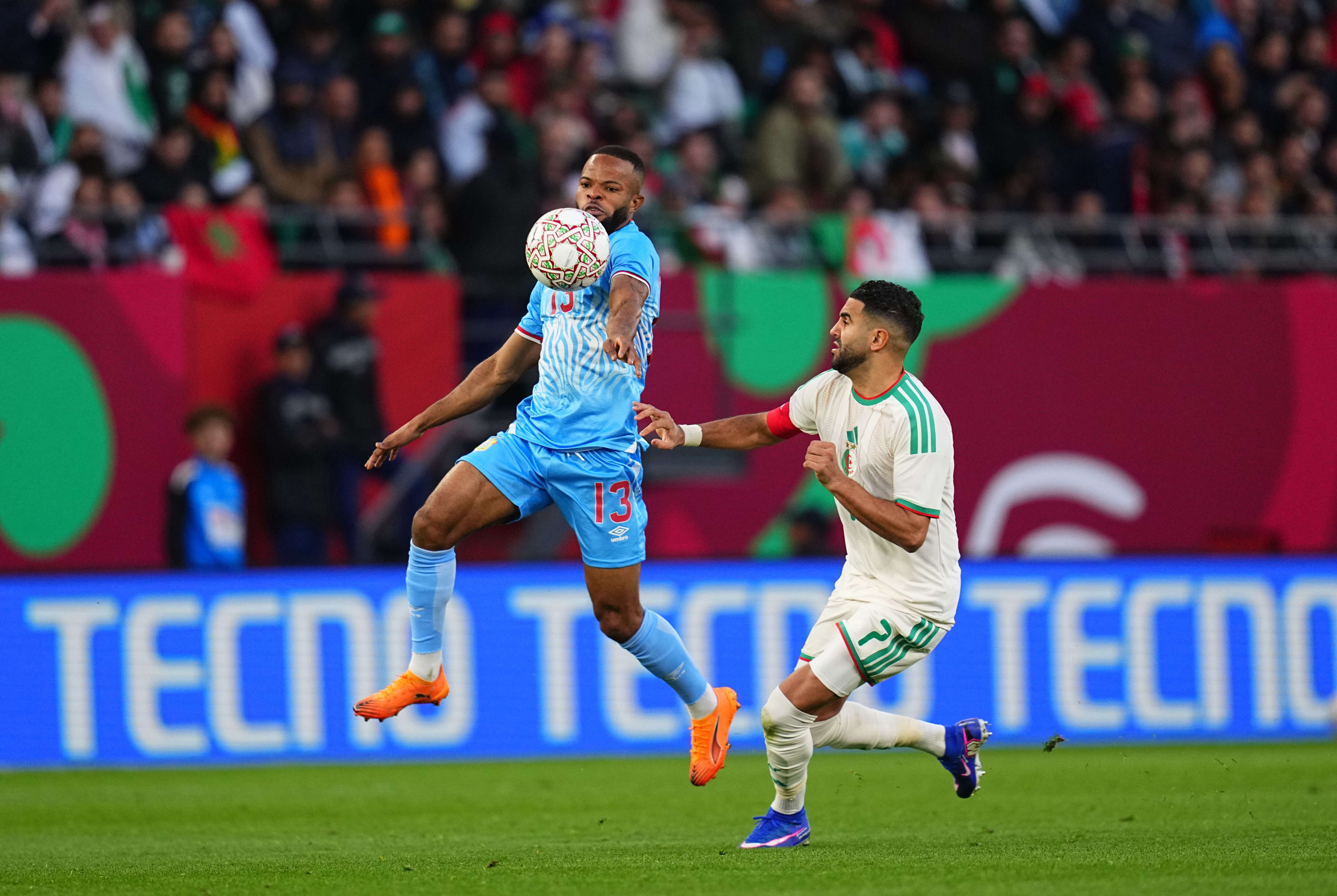 Riyad Karim Mahrez of Algeria and Meschack Elia Lina of Congo DR battle for the ball  during the AFCON Group C match between Algeria and DR Congo at Moulay El Hassan Stadium, Rabat, Morocco on January 6, 2026.  (Photo by Ulrik Pedersen/NurPhoto via Getty Images)