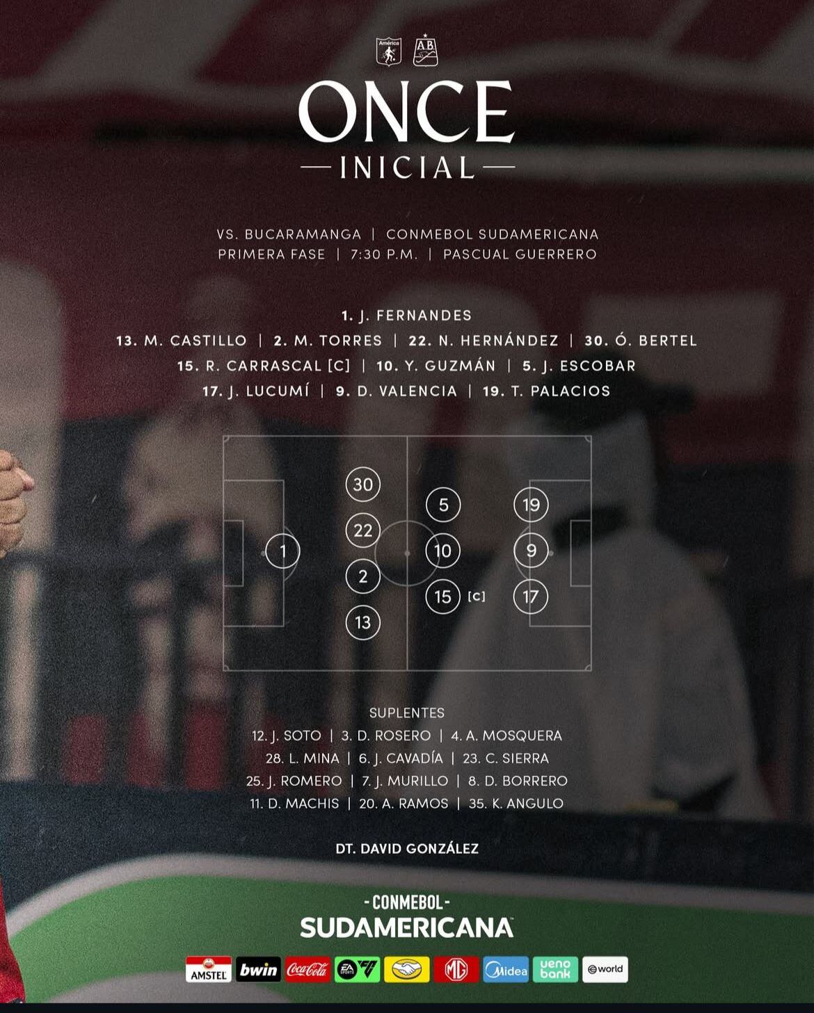 Once inicial de América de Cali para su partido por Copa Sudamericana. - Redes sociales