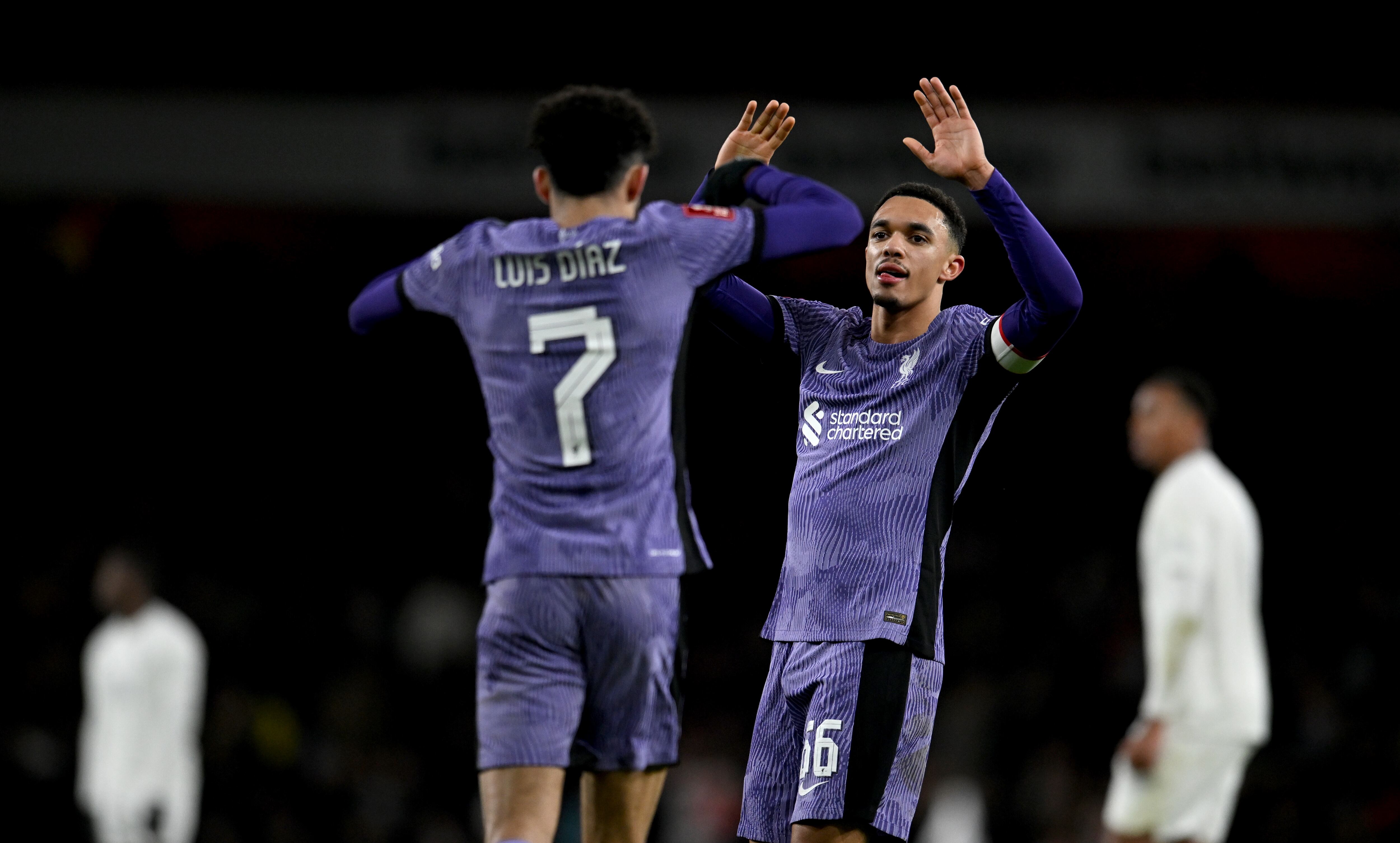 LONDON, ENGLAND - JANUARY 07: (THE SUN OUT, THE SUN ON SUNDAY OUT) Trent Alexander-Arnold of Liverpool celebrates after Luis Diaz scored the second goal during the Emirates FA Cup Third Round match between Arsenal and Liverpool at Emirates Stadium on January 07, 2024 in London, England. (Photo by Andrew Powell/Liverpool FC via Getty Images)