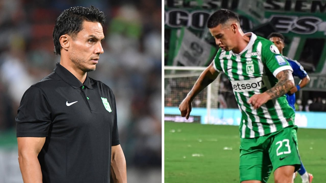 El técnico de Atlético Nacional, Lucas González (izq.), tendría en sus planes meter a James Rodríguez (der.) de titular ante Junior.