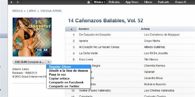 Compras en la tienda iTunes, regalos de canciones a través de correo.