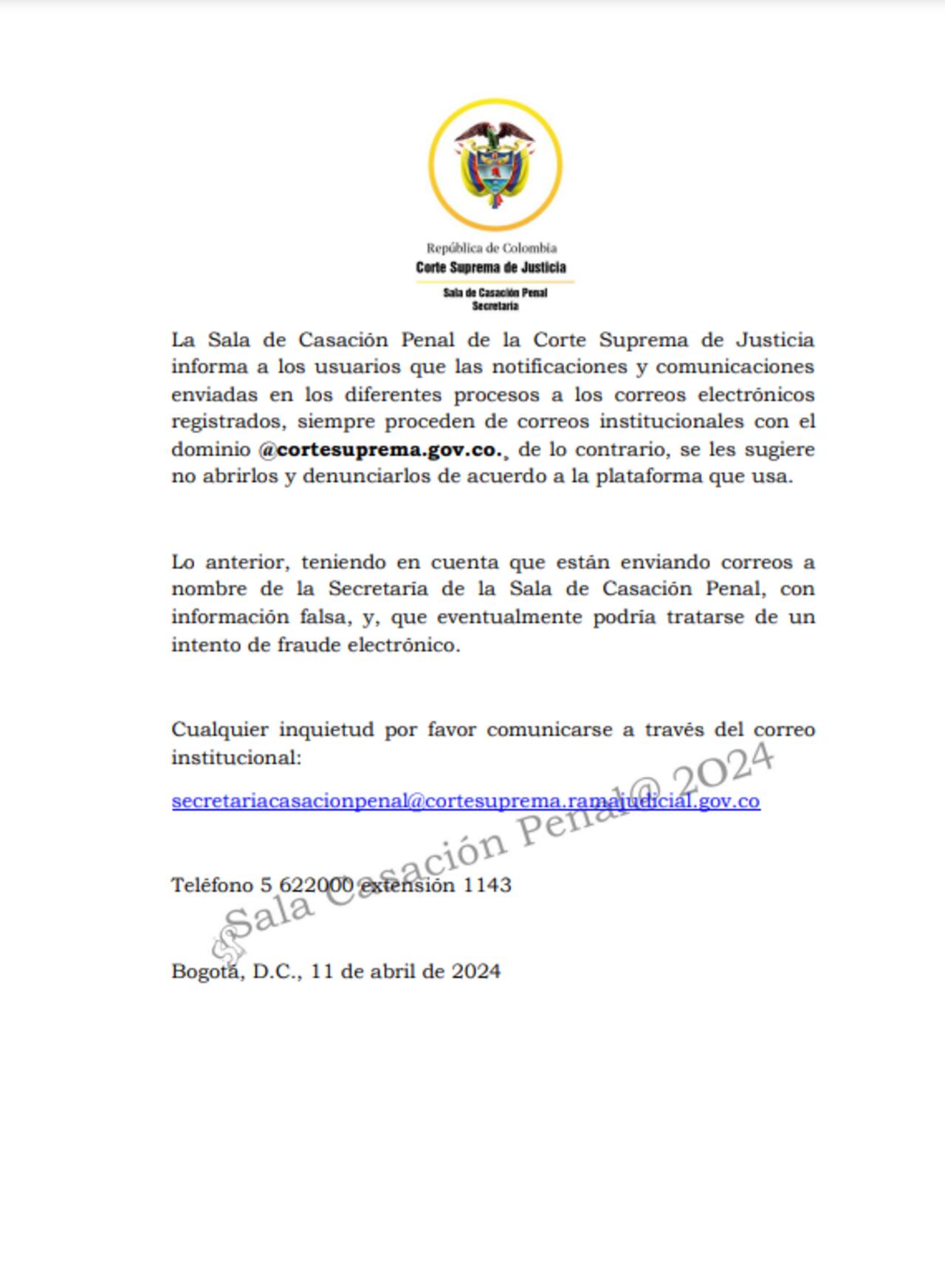 CORTE SUPREMA DE JUSTICIA ADVIERTE POR CORREOS FALSOS
