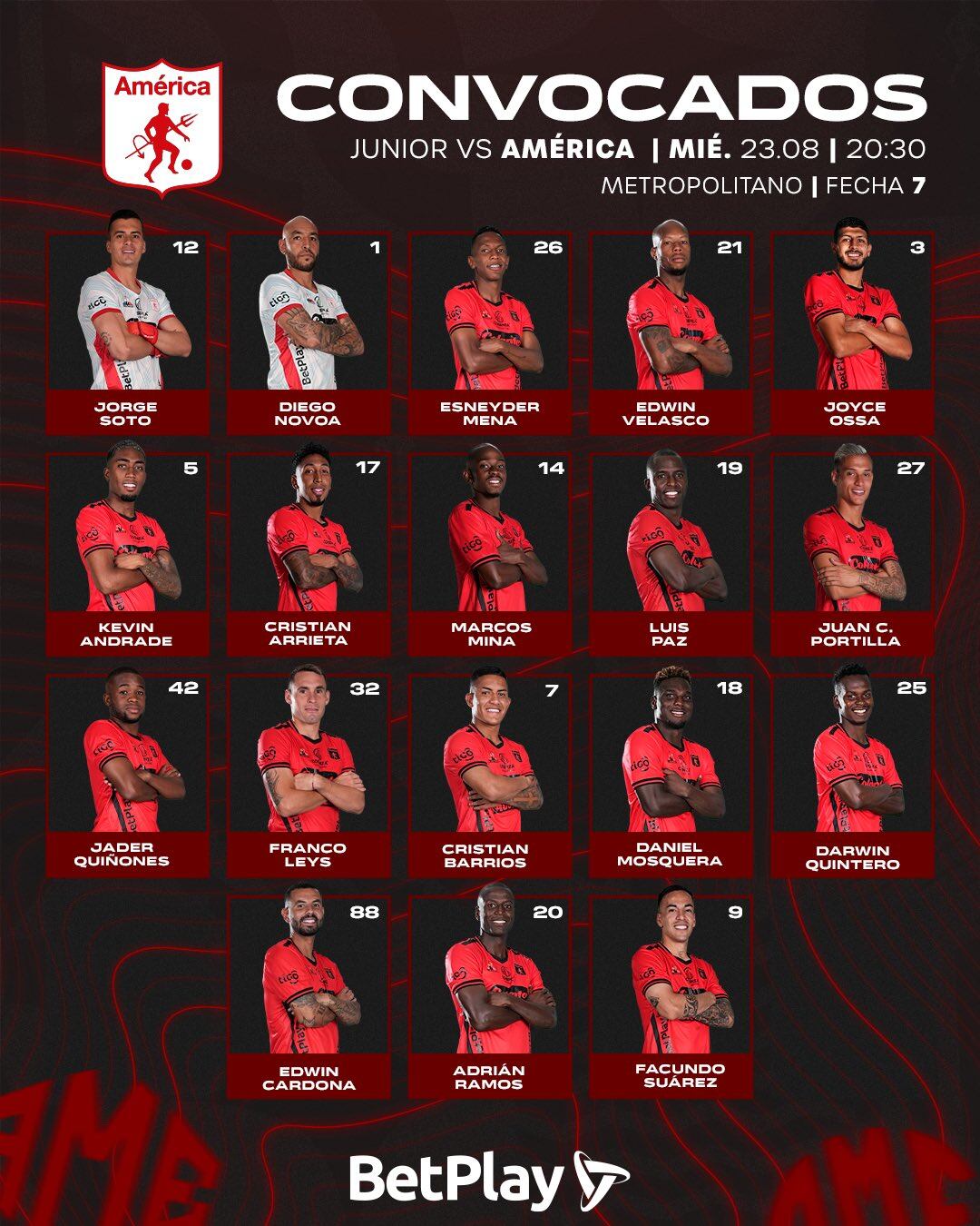 Convocados del América frente a Junior.