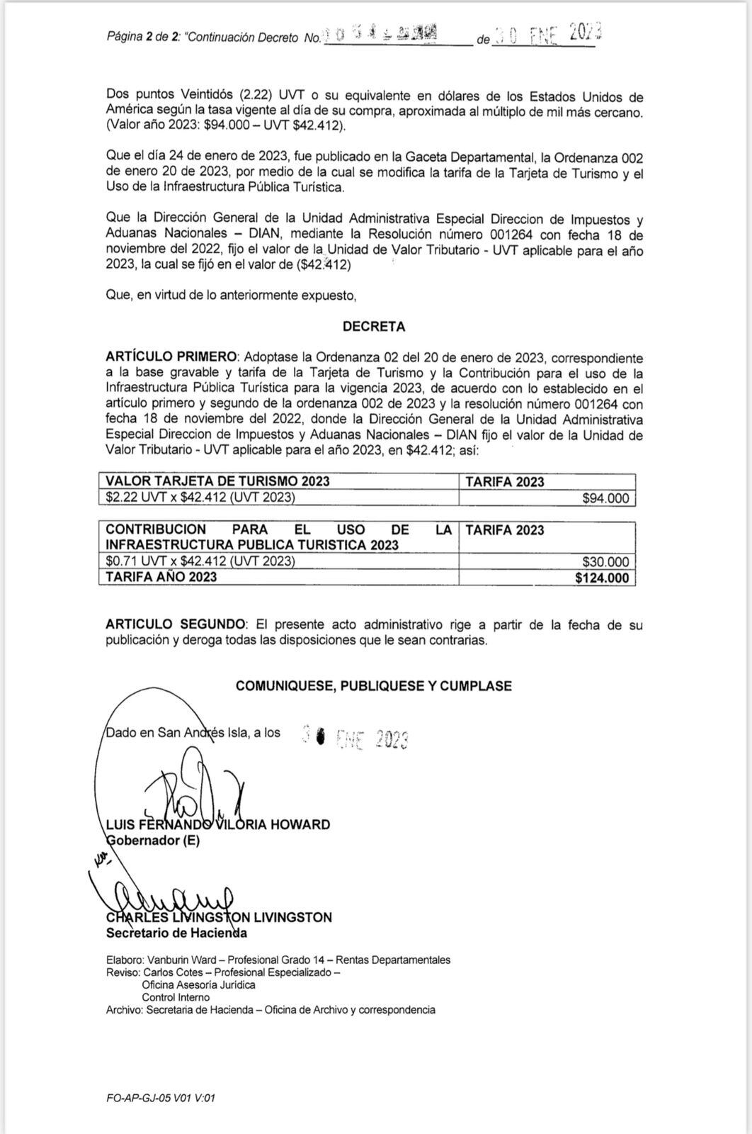 Decreto expedido por la Gobernación de San Andrés.