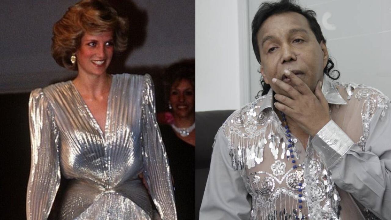 La princesa Diana y el cantante Diomedes Díaz usando trajes plateados. Fotos: Twitter @Darlingsauria.
