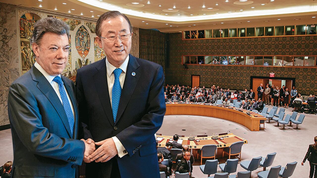 El presidente Santos considera que el Consejo de Seguridad es la mejor opción para verificar los acuerdos con las Farc y ha encontrado acogida en esa entidad.En la foto con el secretario general Ban Ki- Moon.