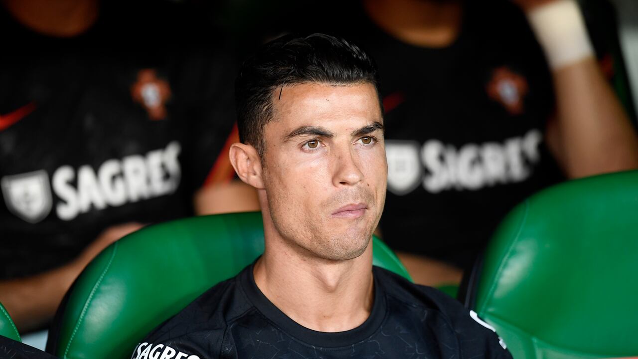 Portugal's Cristiano Ronaldo sits on the bench during the UEFA Nations League soccer match between Spain and Portugal, at the Benito Villamarin Stadium, in Seville, Spain, Thursday, June 2, 2022. (AP Photo/Jose Breton)