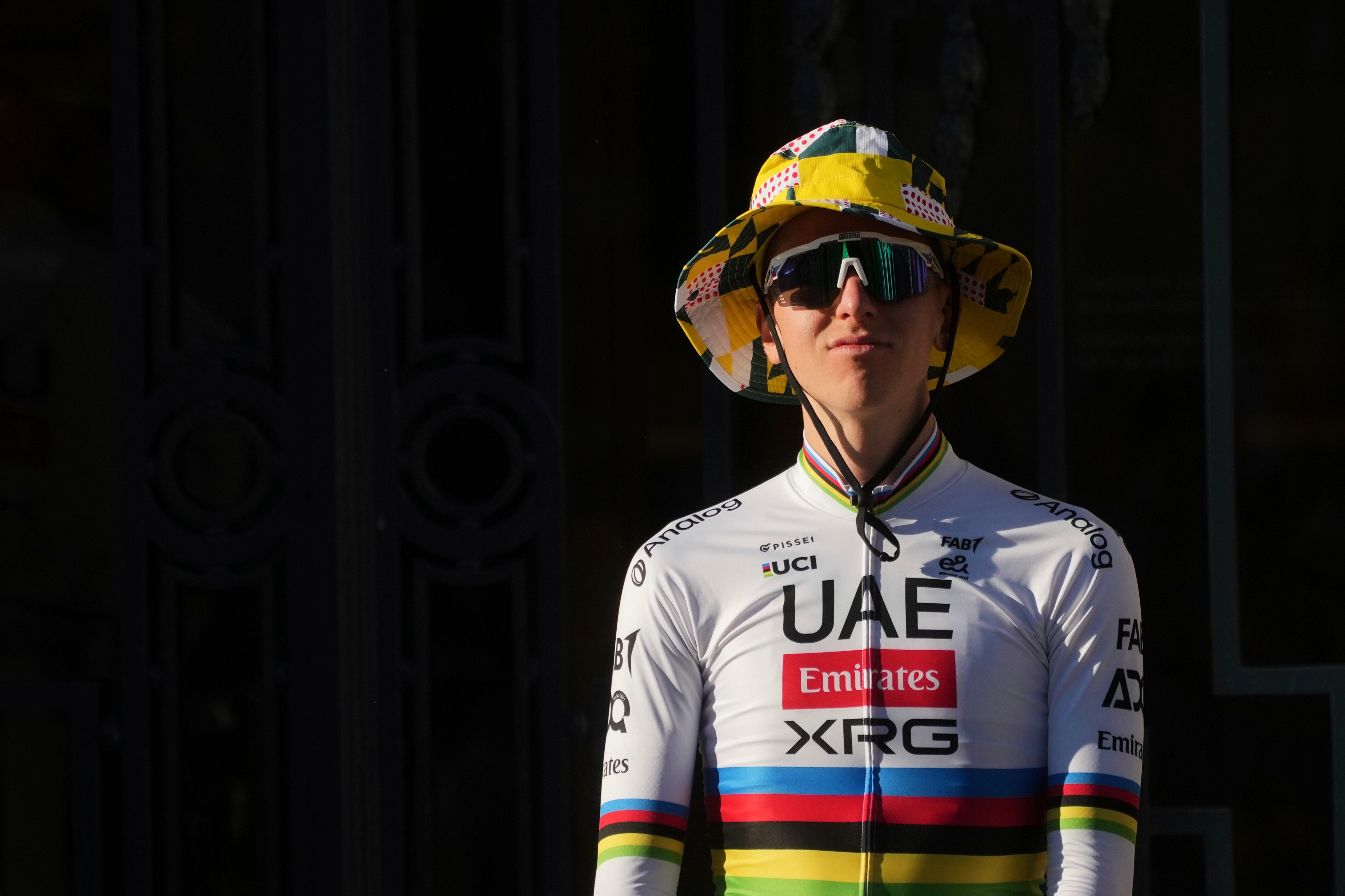 Slovenia's Tadej Pogacar poses during the team presentation two days ahead of the start of the Tour de France Cycling race in Lille, France, Thursday, July 3, 2025. (AP Photo/Thibault Camus)