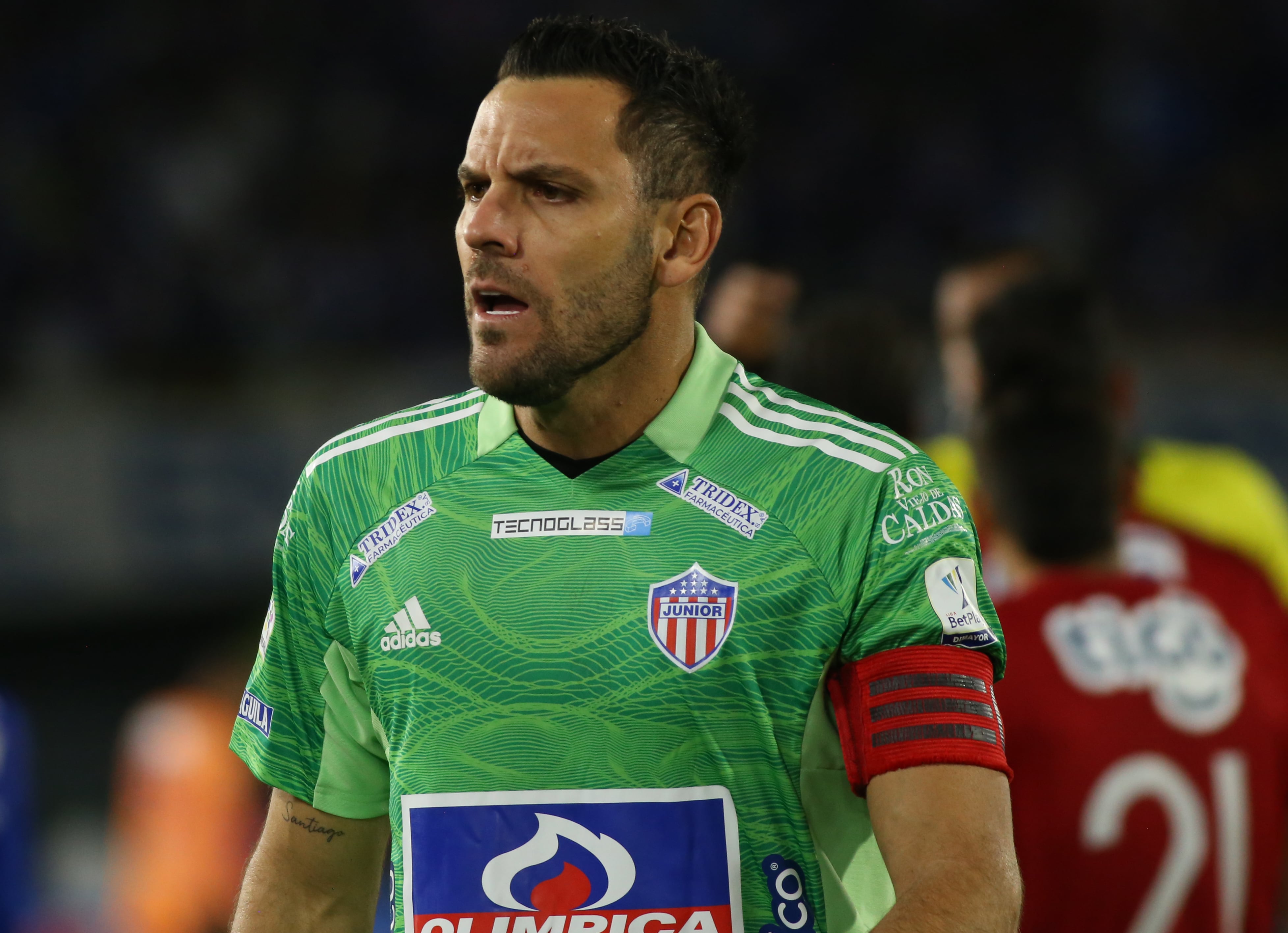 Junior's goalkeeper Sebastian Viera argues in the match during the BetPlay DIMAYOR I 2022 BetPlay League semifinal round of four played at Nemesio Camacho El Campin stadium in the city of Bogota, Colombia. The match ended 0-0 (Photo by Daniel Garzon Herazo/NurPhoto via Getty Images)